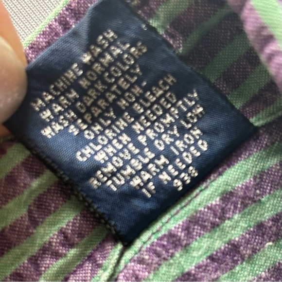 VTG LANDS’ END Men’s Purple and Green Striped Short Sleeve Button Down Shirt L - Picture 8 of 12